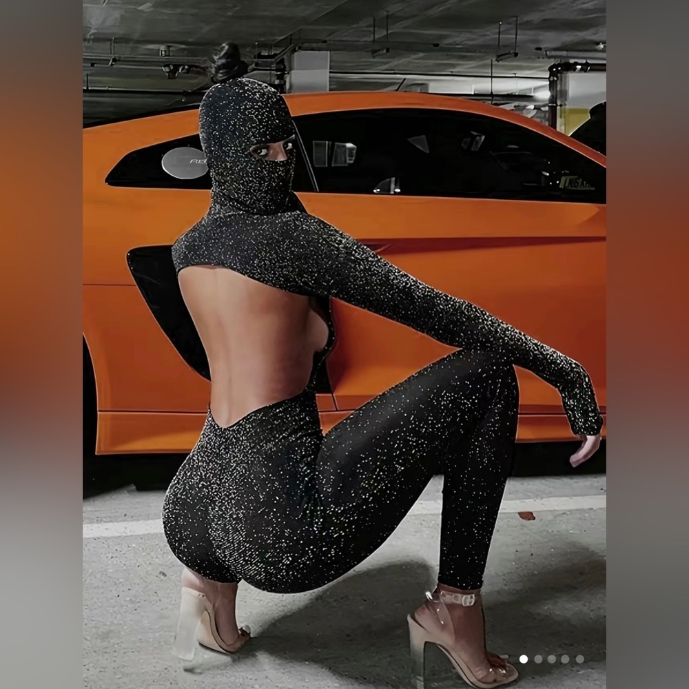 HOT 🔥 Black Glitter Open Back Jumpsuit Set Small - Picture 4 of 6